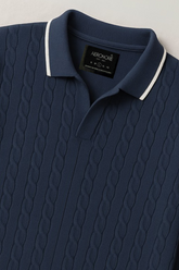 Wool Cable Knit Polo Sweater- Royal Navy